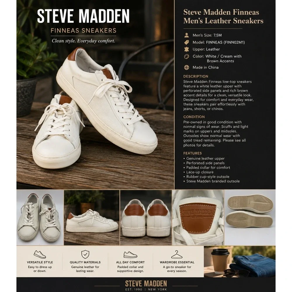 Steve Madden Finneas Men's Leather Sneakers Size 7.5 White Cream Brown Low Top